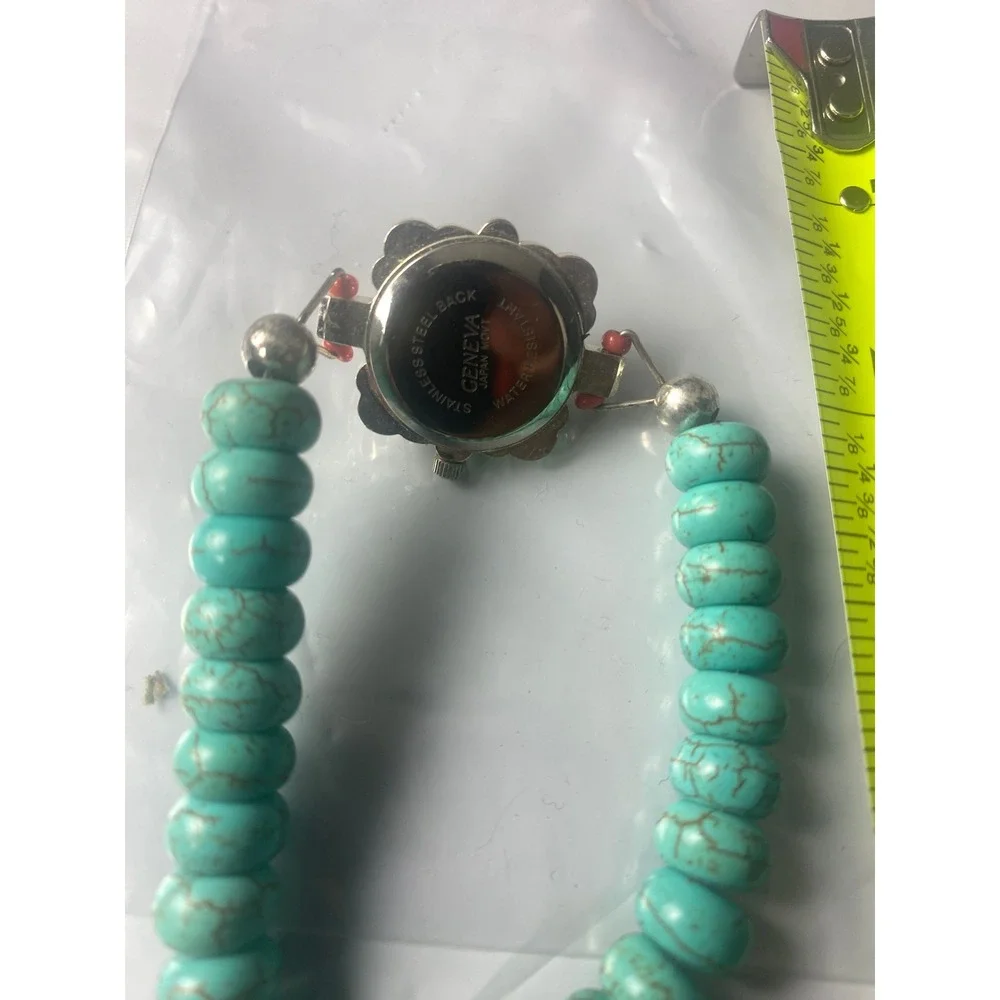 Geneva Turquoise Beaded Stretch Bracelet Watch Boho Silver Tone Analog Quartz